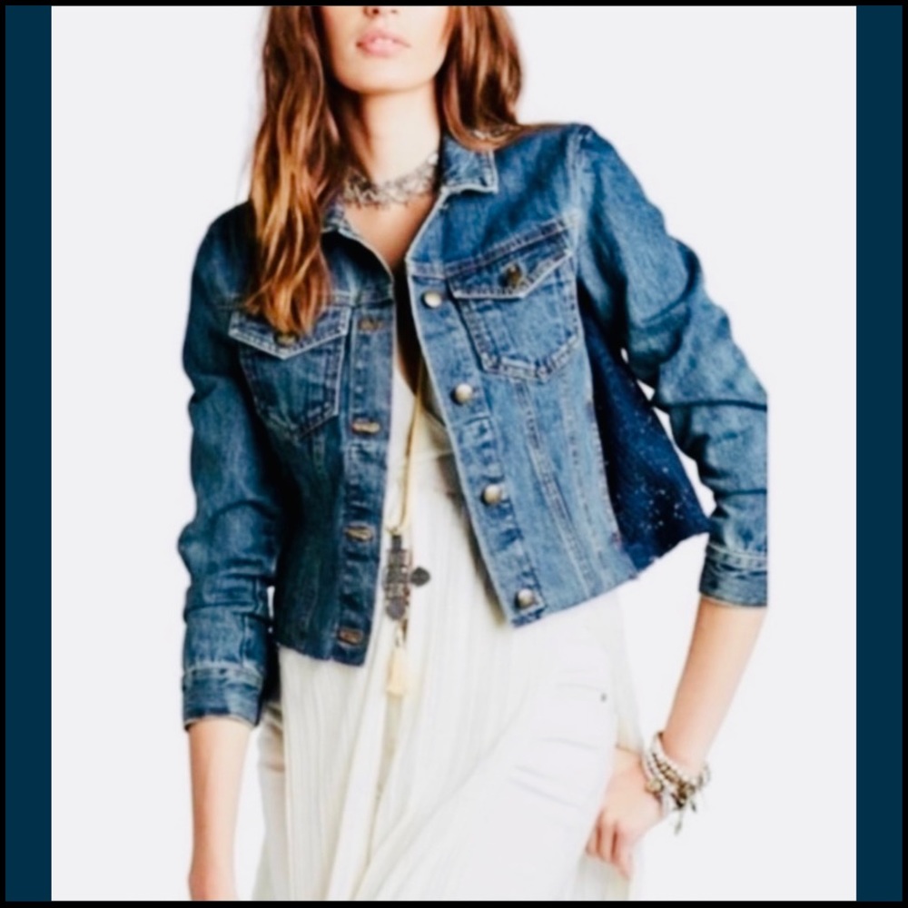 FREE PEOPLE DENIM JACKET W BLUE LACE INSET PANELS